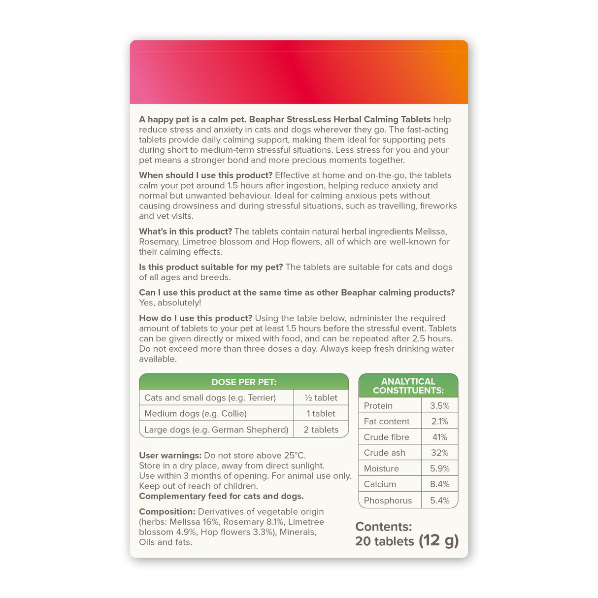 Beaphar StressLess Herbal Calming Tablets for Cats & Dogs - 20 Tablets x 6, Beaphar,