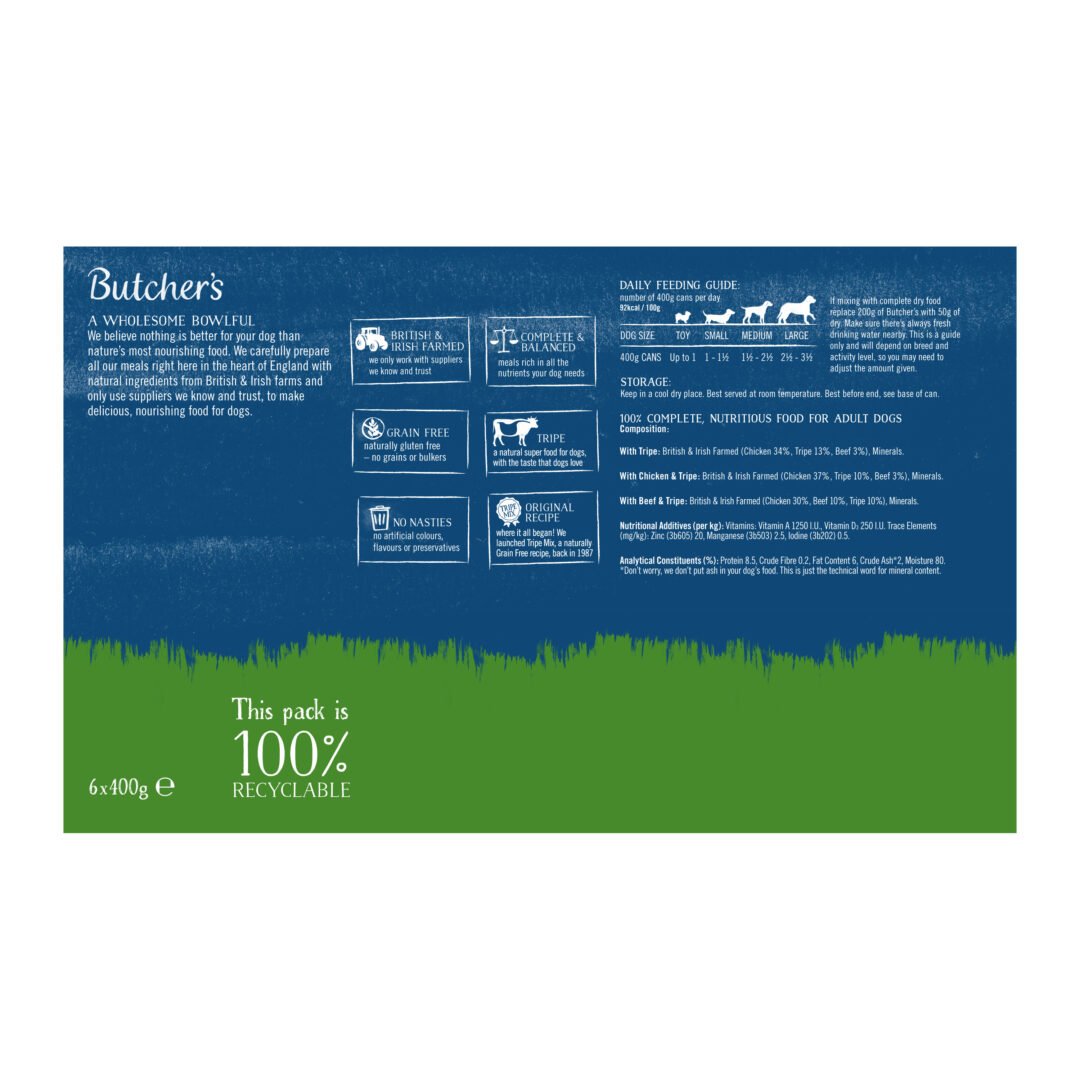 Butcher's Grain Free Tripe Loaf Recipes Wet Adult Dog Food Tins, Butcher's, 4x (6x400g)