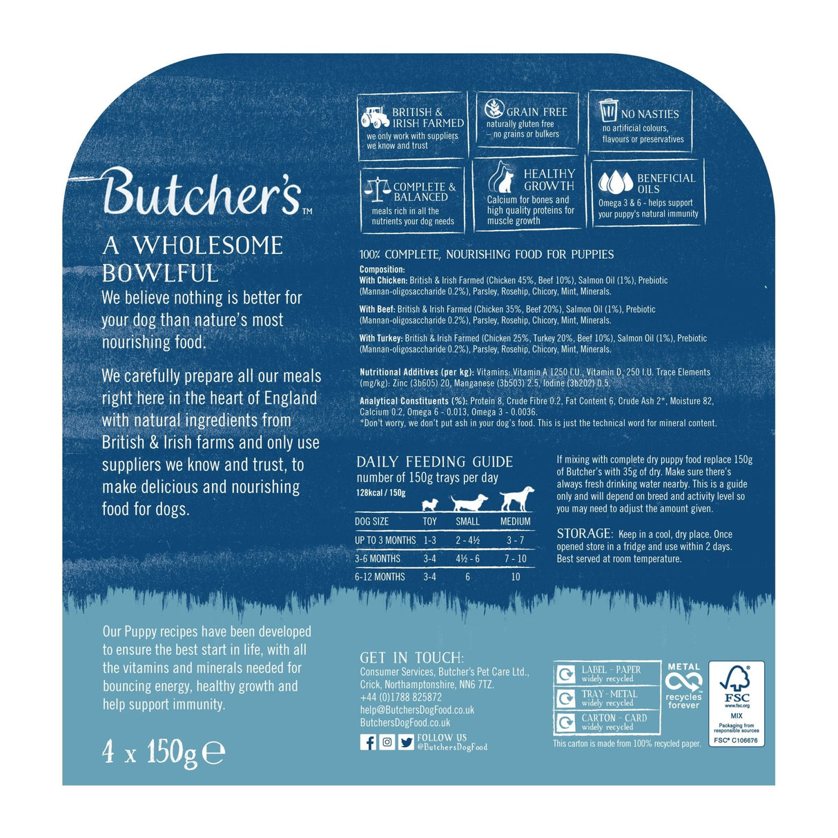 Butcher's Puppy Perfect Grain Free Wet Dog Food Trays, Butcher's, 6x (4x150g)