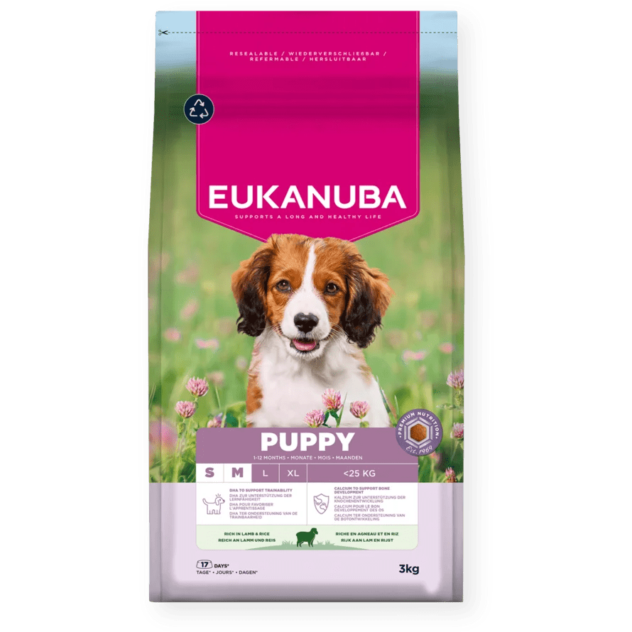 Eukanuba Puppy Small/Medium Breed Lamb & Rice Dry Dog Food, Eukanuba, 3 x 3 kg