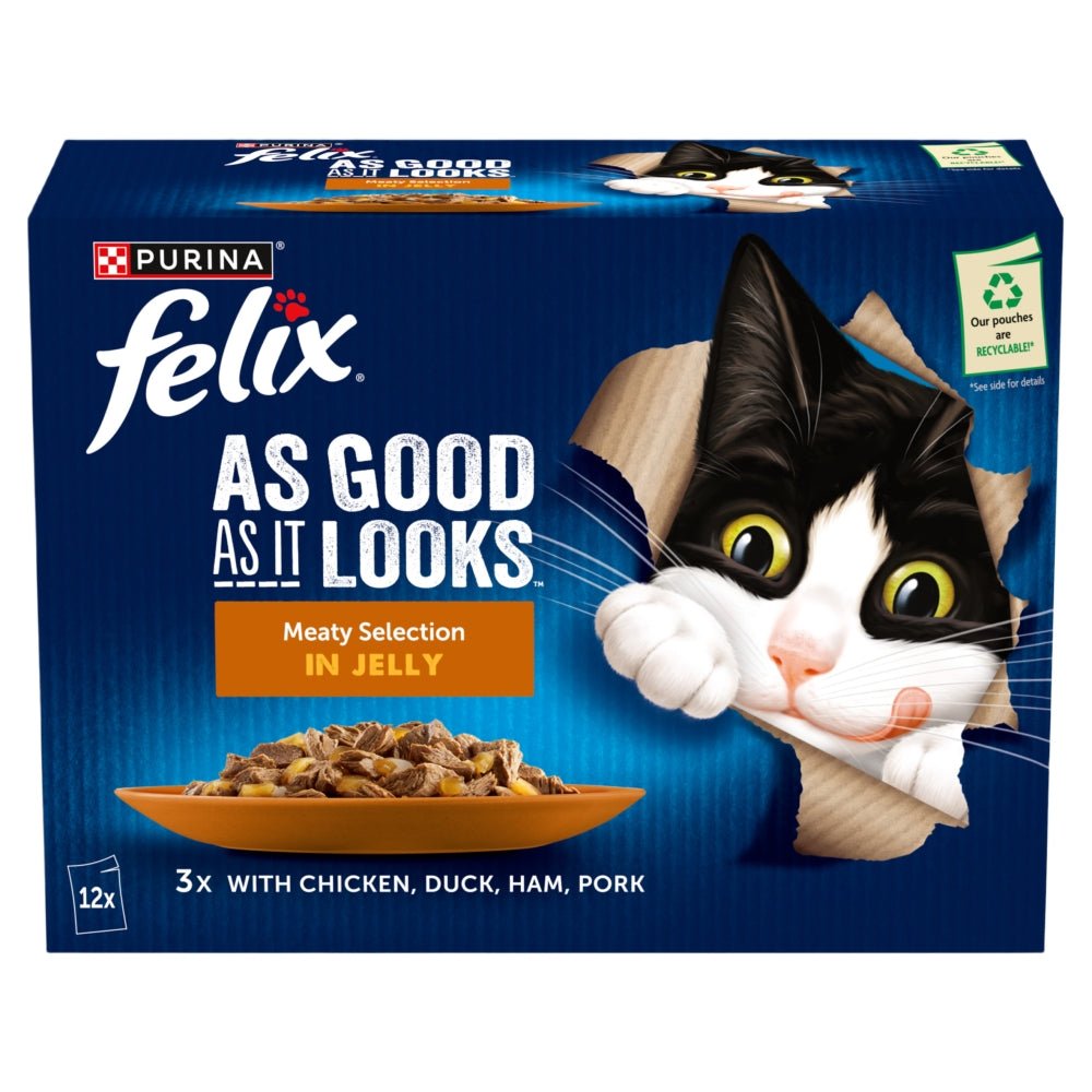 Felix As Good As It Looks Meaty Selection in Jelly (Chick, Duck, Ham, Pork) 48 x 85g, Felix,