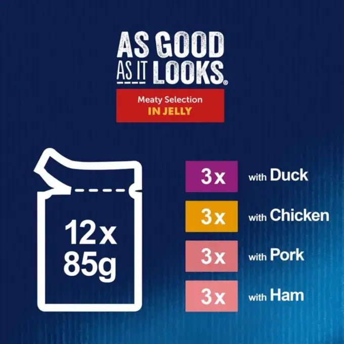 Felix As Good As It Looks Meaty Selection in Jelly (Chick, Duck, Ham, Pork) 48 x 85g, Felix,