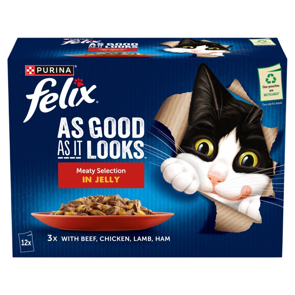 Felix As Good As It Looks Meaty Selection in Jelly (Chick, Lamb, Beef, Ham) 48 x 85g, Felix,