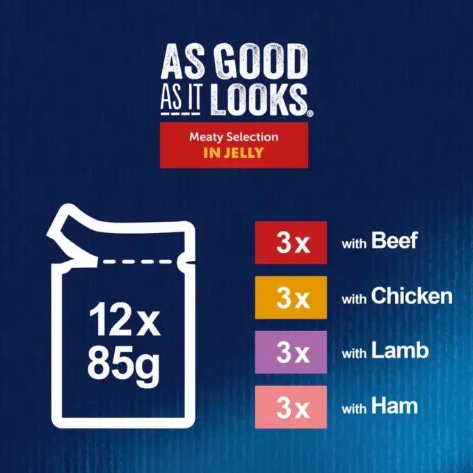 Felix As Good As It Looks Meaty Selection in Jelly (Chick, Lamb, Beef, Ham) 48 x 85g, Felix,