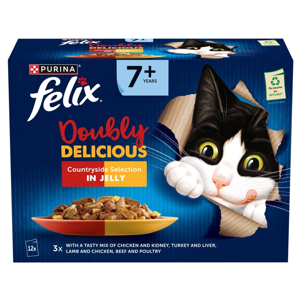Felix Senior 7+ Doubly Delicious Countryside Selection in Jelly Wet Cat Food 48x85g, Felix,