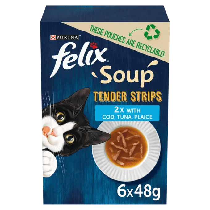 Felix Soup Tender Strips with Cod, Tuna and Plaice Wet Cat Food - 8 Boxes (6x48g), Felix,