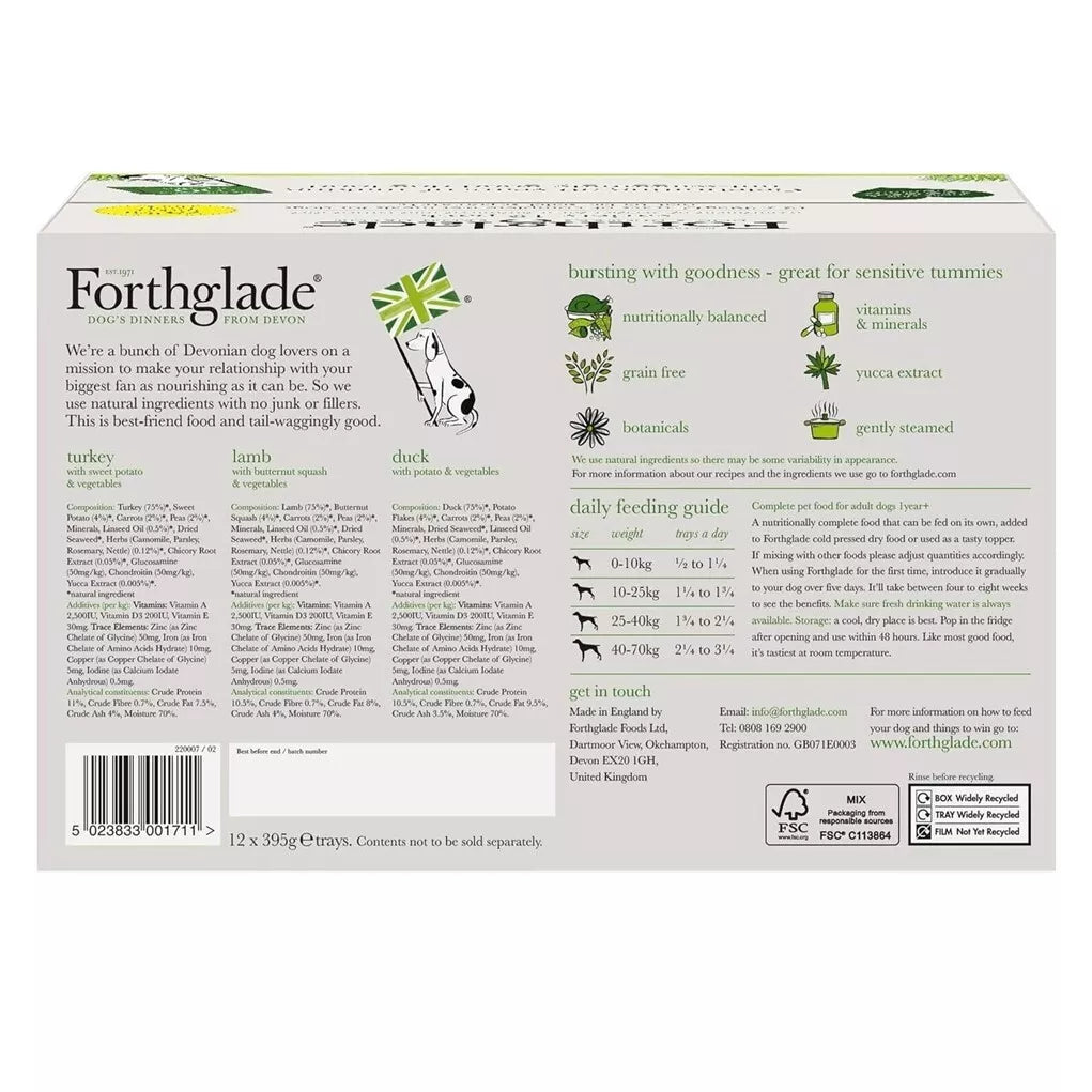 Forthglade Grain Free Turkey, Duck & Lamb Variety Pack Adult Wet Dog Food - 12 x 395g, Forthglade,