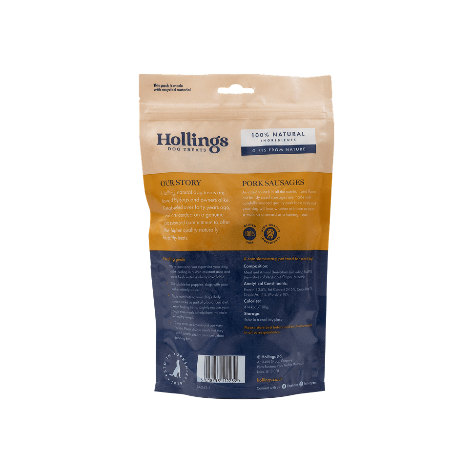 Hollings Gourmet Pork Sausage Dog Treats, Hollings, 2kg (10 x 200g Bags)