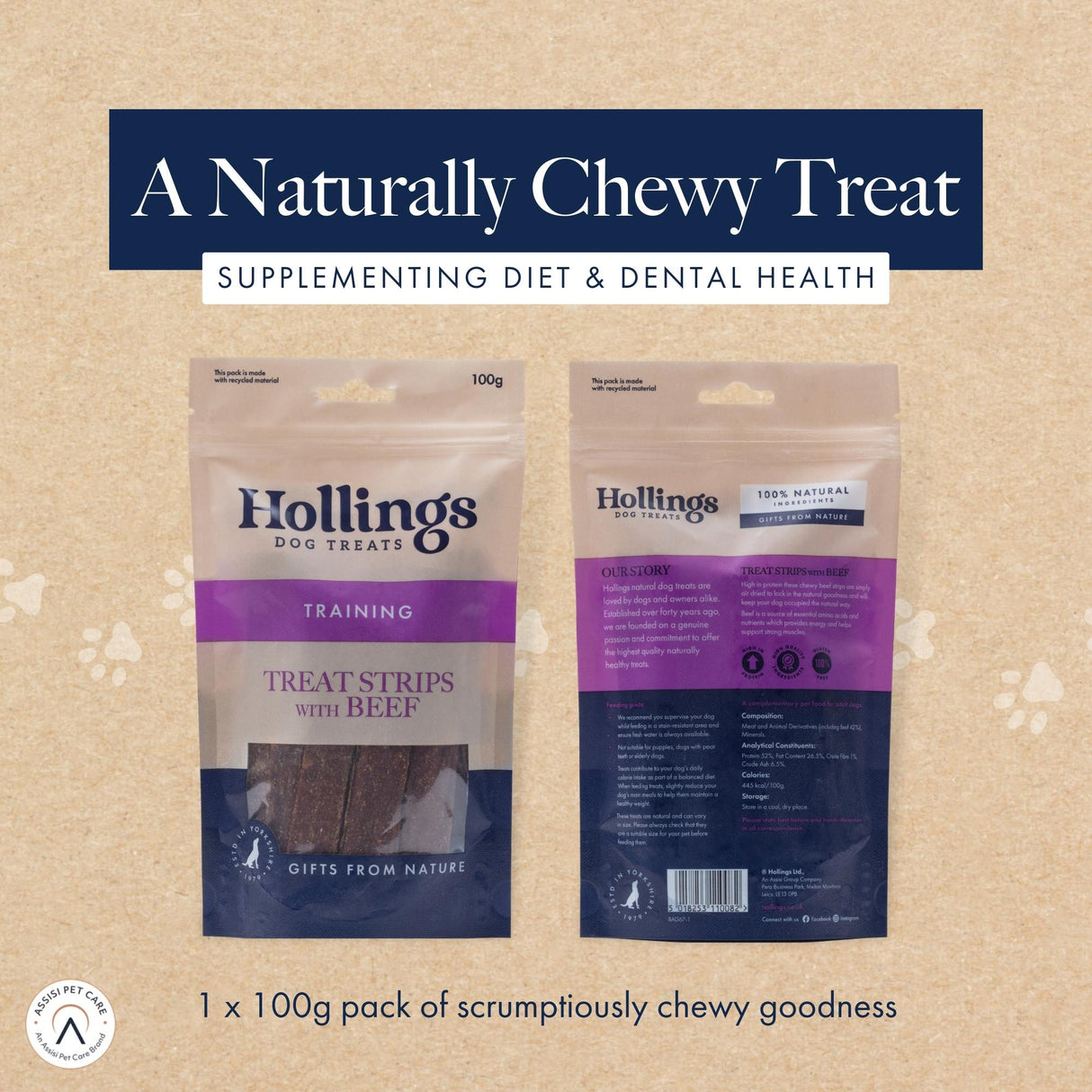Hollings Treat Strips with Beef Dog Treats - 12 x 100g, Hollings,
