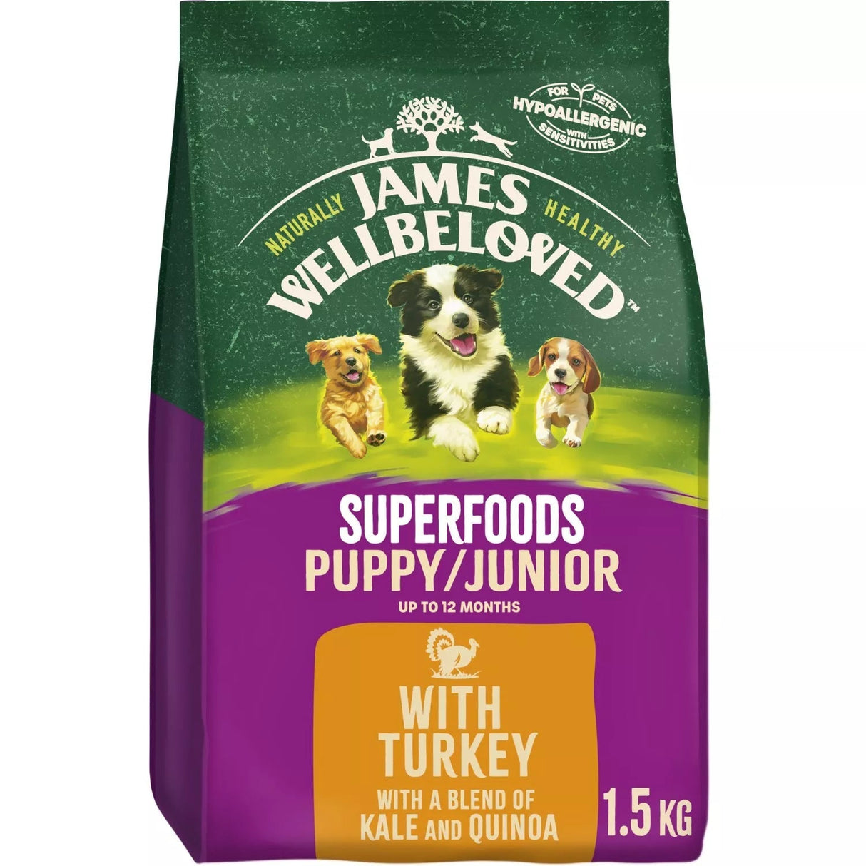James Wellbeloved Superfoods Puppy/Junior Turkey Kale & Quinoa Dog Food - 1.5 kg, James Wellbeloved,