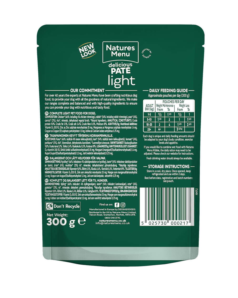 Natures Menu Light Chicken with Rabbit Pouch - 8 x 300g, Natures Menu,