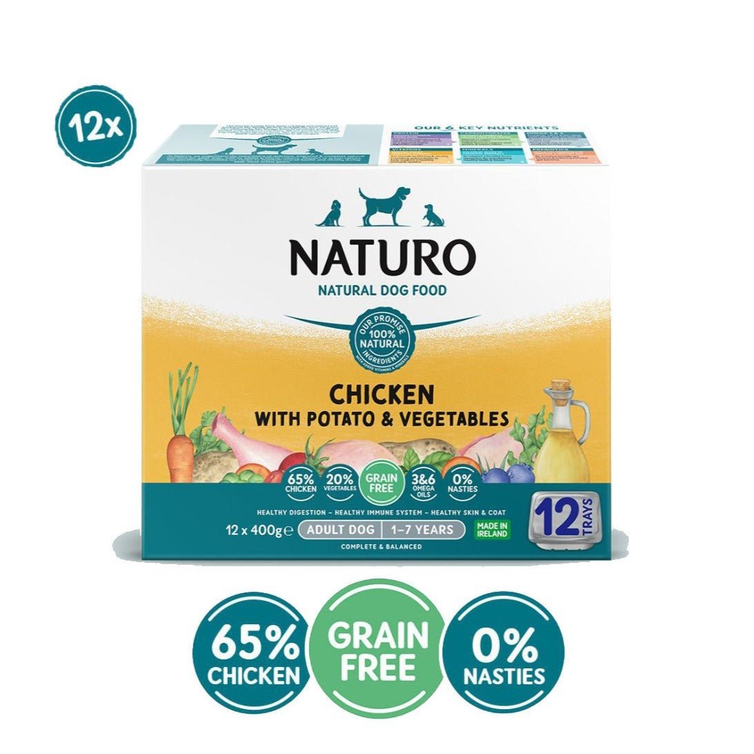 Naturo Adult Dog Grain Free Chicken & Potato with Vegetables Wet Dog Food Trays, Naturo, 12 x 400g