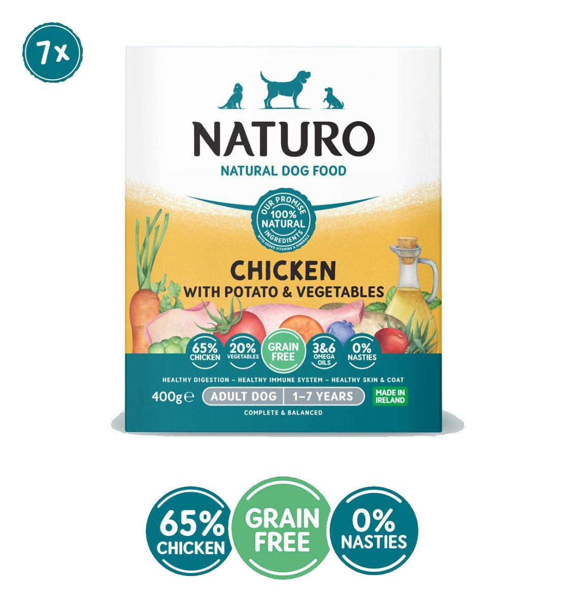 Naturo Adult Dog Grain Free Chicken & Potato with Vegetables Wet Dog Food Trays, Naturo, 7 x 400g