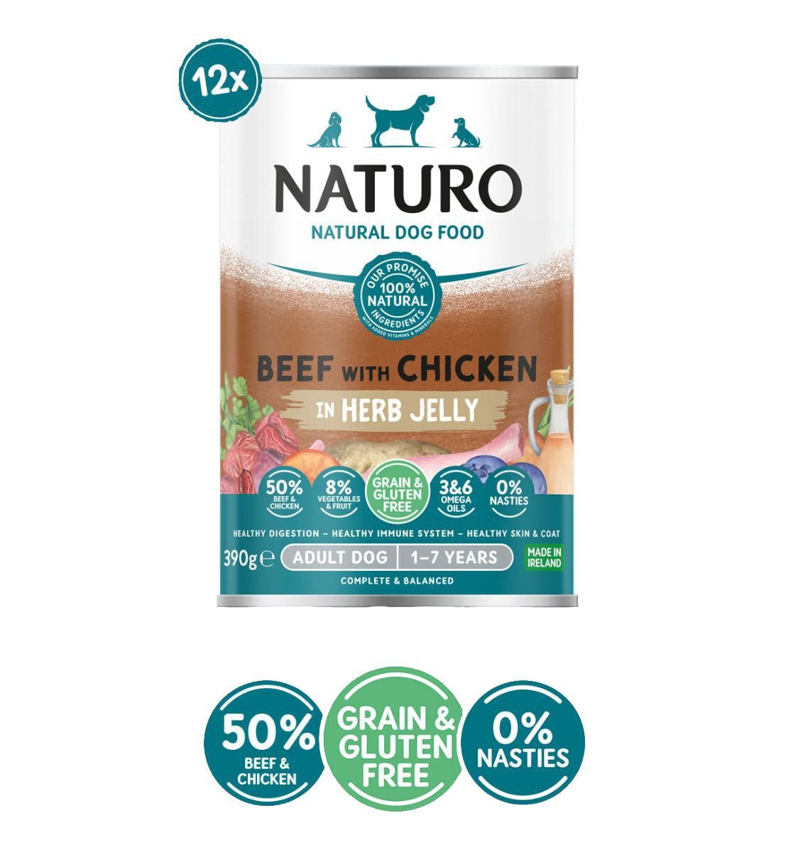 Naturo Adult Dog Grain & Gluten Free Beef with Chicken in a Herb Jelly 12x390g, Naturo,