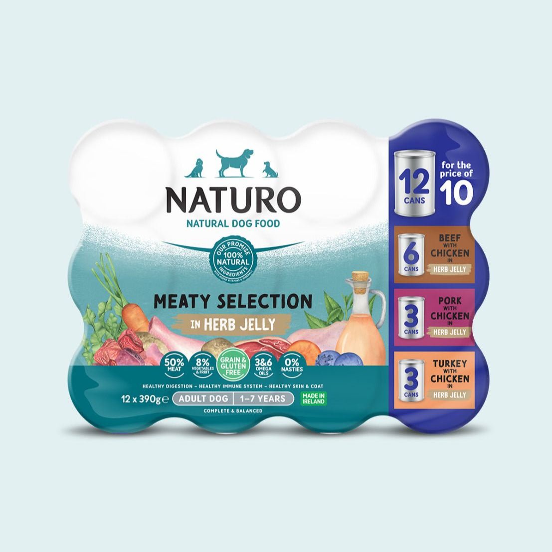 Naturo Adult Dog Grain & Gluten Free Meaty Selection in Herb Jelly, Naturo, 12 x 390g