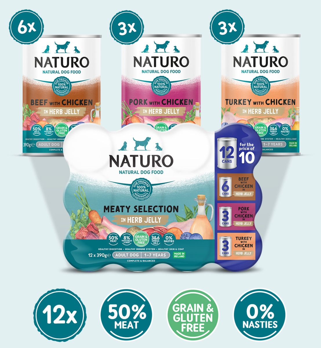 Naturo Adult Dog Grain & Gluten Free Meaty Selection in Herb Jelly, Naturo, 12 x 390g