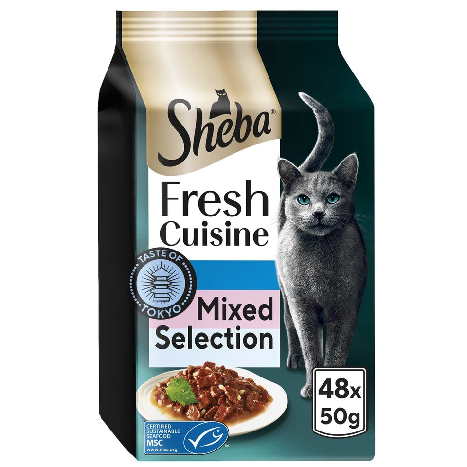 A package of Sheba Fresh Cuisine Mixed Selection cat food pouches. The packaging is predominantly white and green with an image of a grey cat on the front and a plate of cat food displayed.