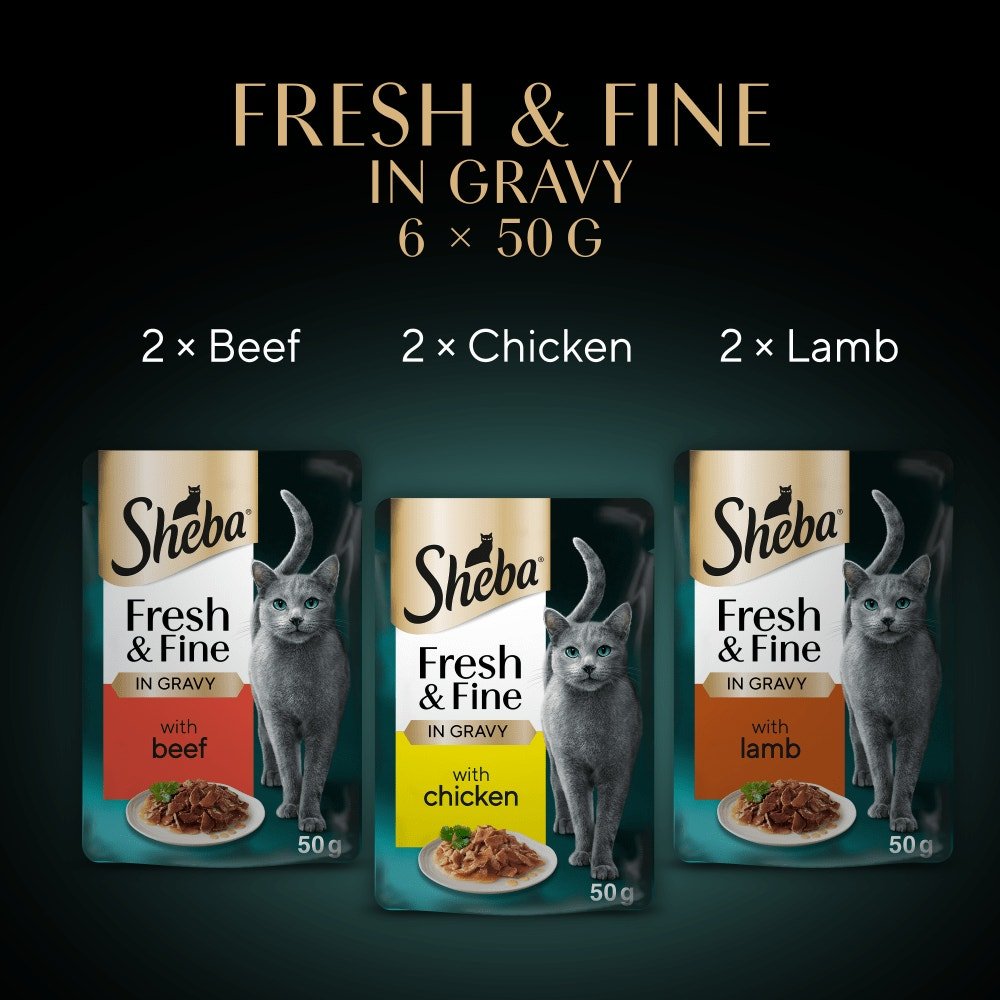 Sheba Fresh & Fine Adult Beef & Chicken & Lamb in Gravy Pouches - 48 x 50g, Sheba,
