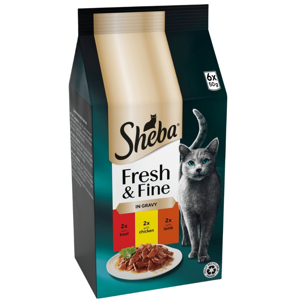 Sheba Fresh & Fine Adult Beef & Chicken & Lamb in Gravy Pouches - 48 x 50g, Sheba,