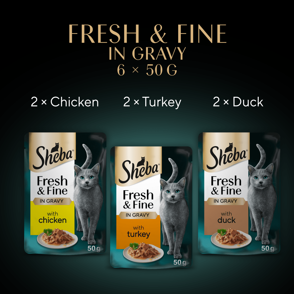 Sheba Fresh & Fine Adult Chicken, Turkey & Duck in Gravy Pouches - 48 x 50g, Sheba,