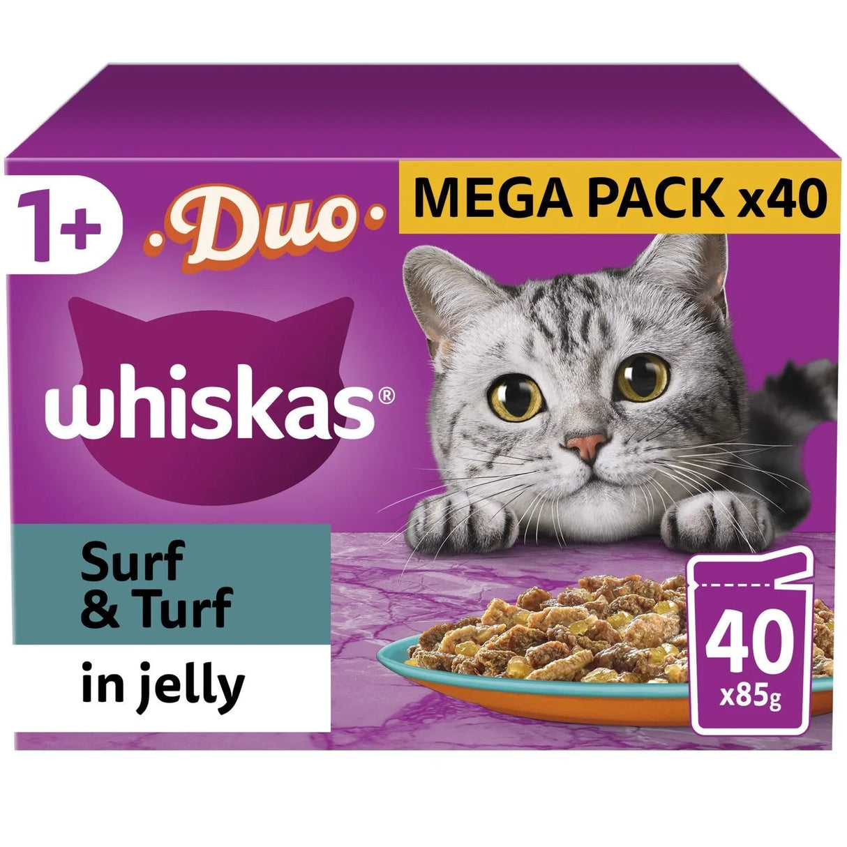 Whiskas 1+ Duo Surf & Turf in Jelly Adult Wet Cat Food Pouches, Whiskas, 40 x 85g