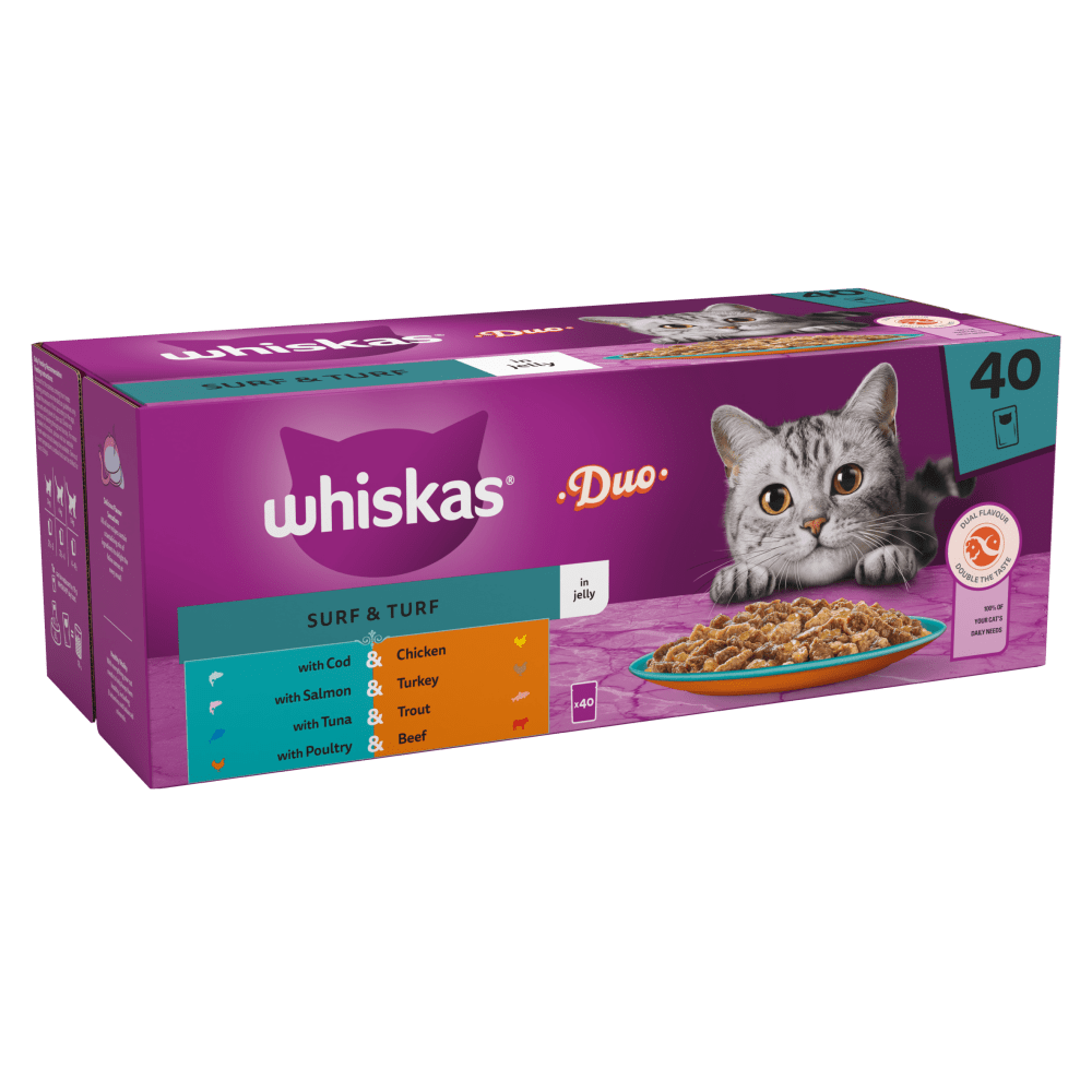 Whiskas 1+ Duo Surf & Turf in Jelly Adult Wet Cat Food Pouches, Whiskas, 40 x 85g