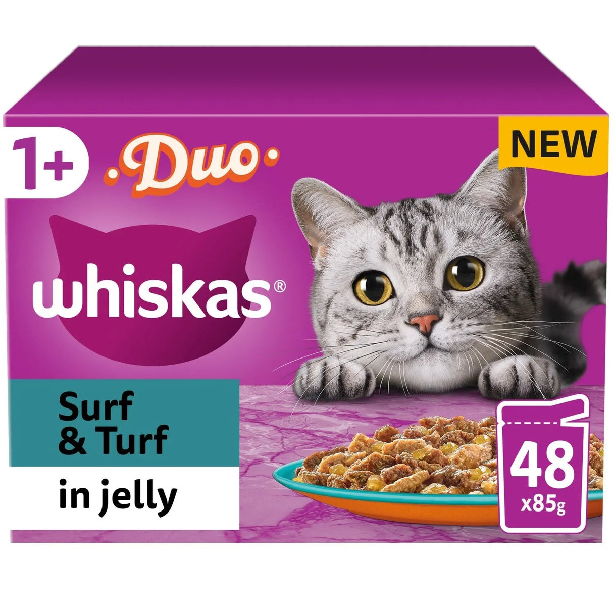 Whiskas 1+ Duo Surf & Turf in Jelly Adult Wet Cat Food Pouches, Whiskas, 48 x 85g