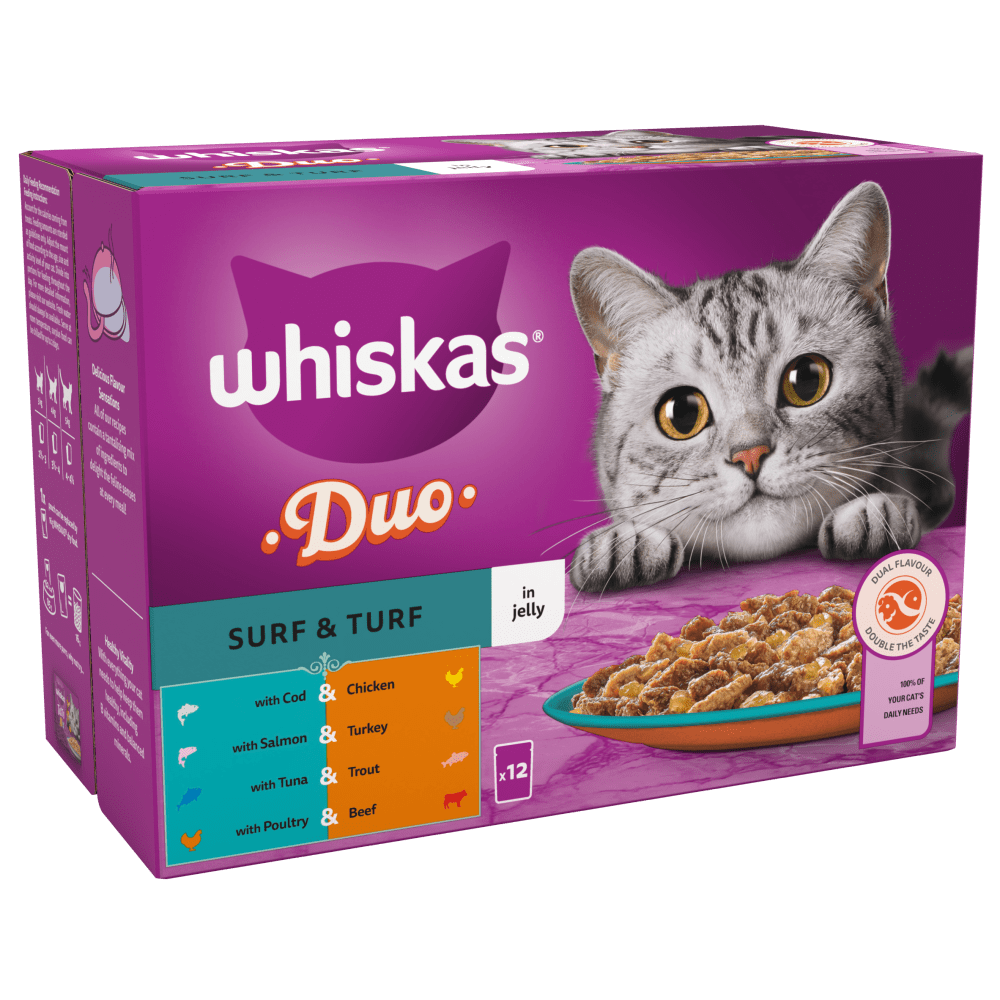 Whiskas 1+ Duo Surf & Turf in Jelly Adult Wet Cat Food Pouches, Whiskas, 48 x 85g