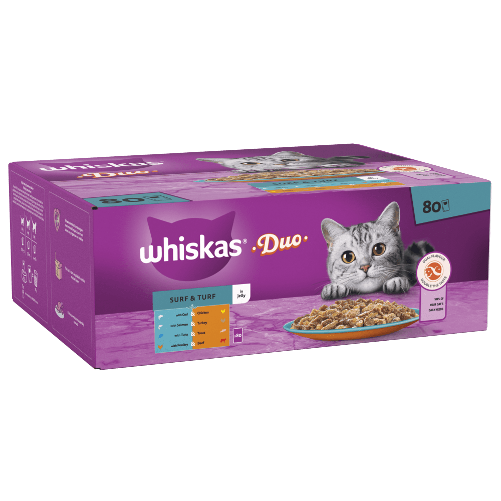 Whiskas 1+ Duo Surf & Turf in Jelly Adult Wet Cat Food Pouches, Whiskas, 80 x 85g