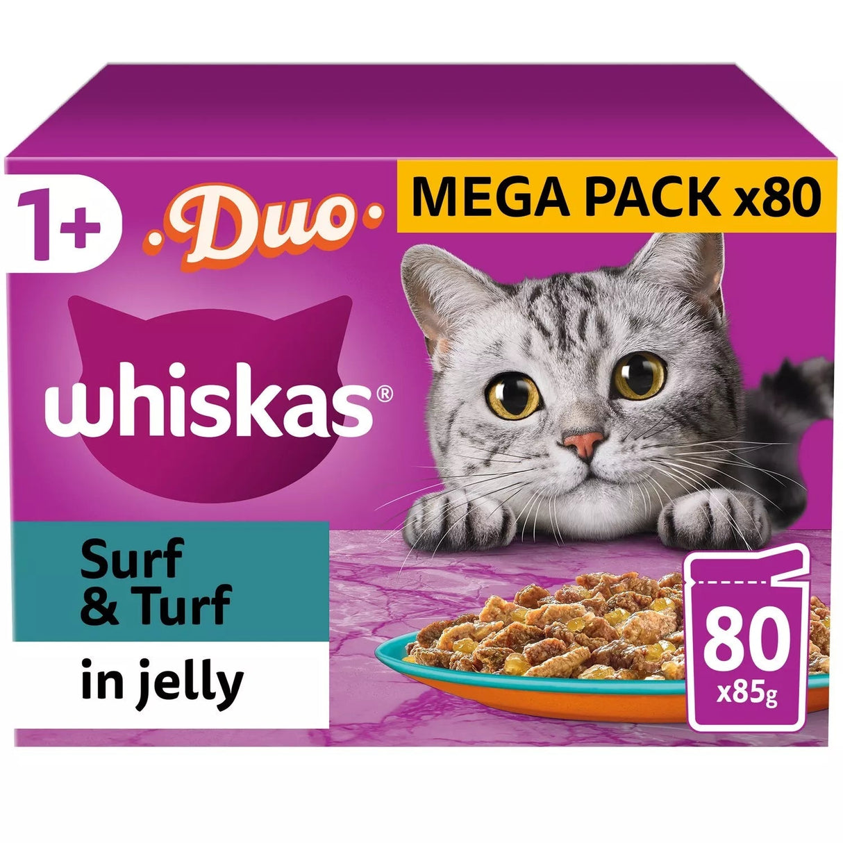 Whiskas 1+ Duo Surf & Turf in Jelly Adult Wet Cat Food Pouches, Whiskas, 80 x 85g