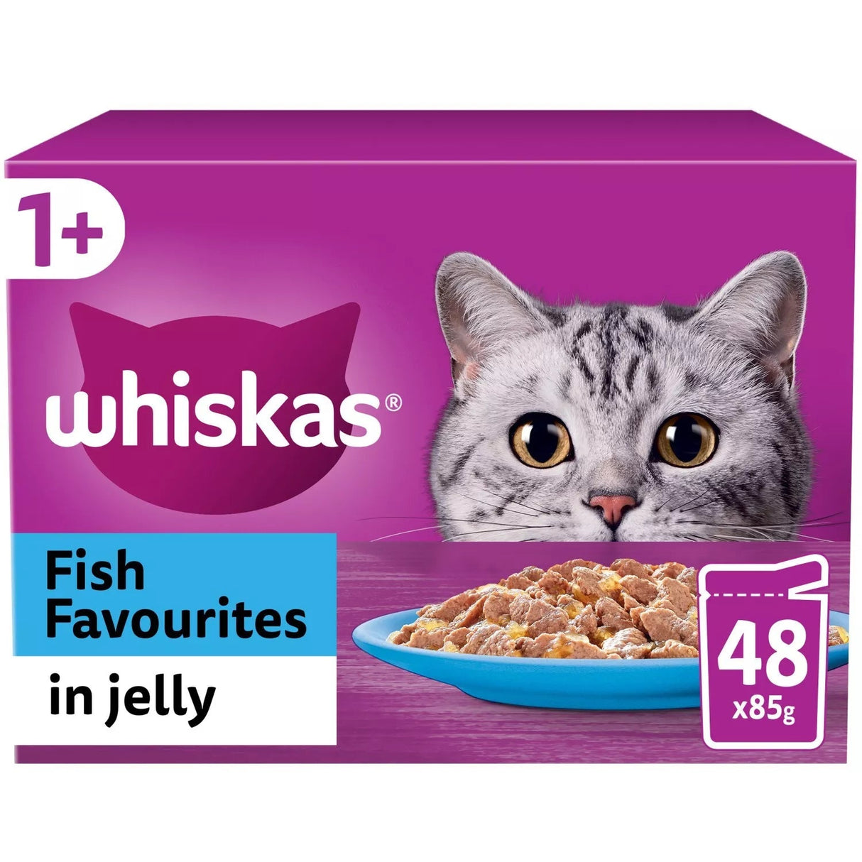 Whiskas 1+ Fish Favourites in Jelly Adult Wet Cat Food Pouches, Whiskas, 48 x 85g