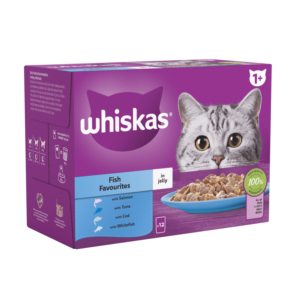 Whiskas 1+ Fish Favourites in Jelly Adult Wet Cat Food Pouches, Whiskas, 48 x 85g