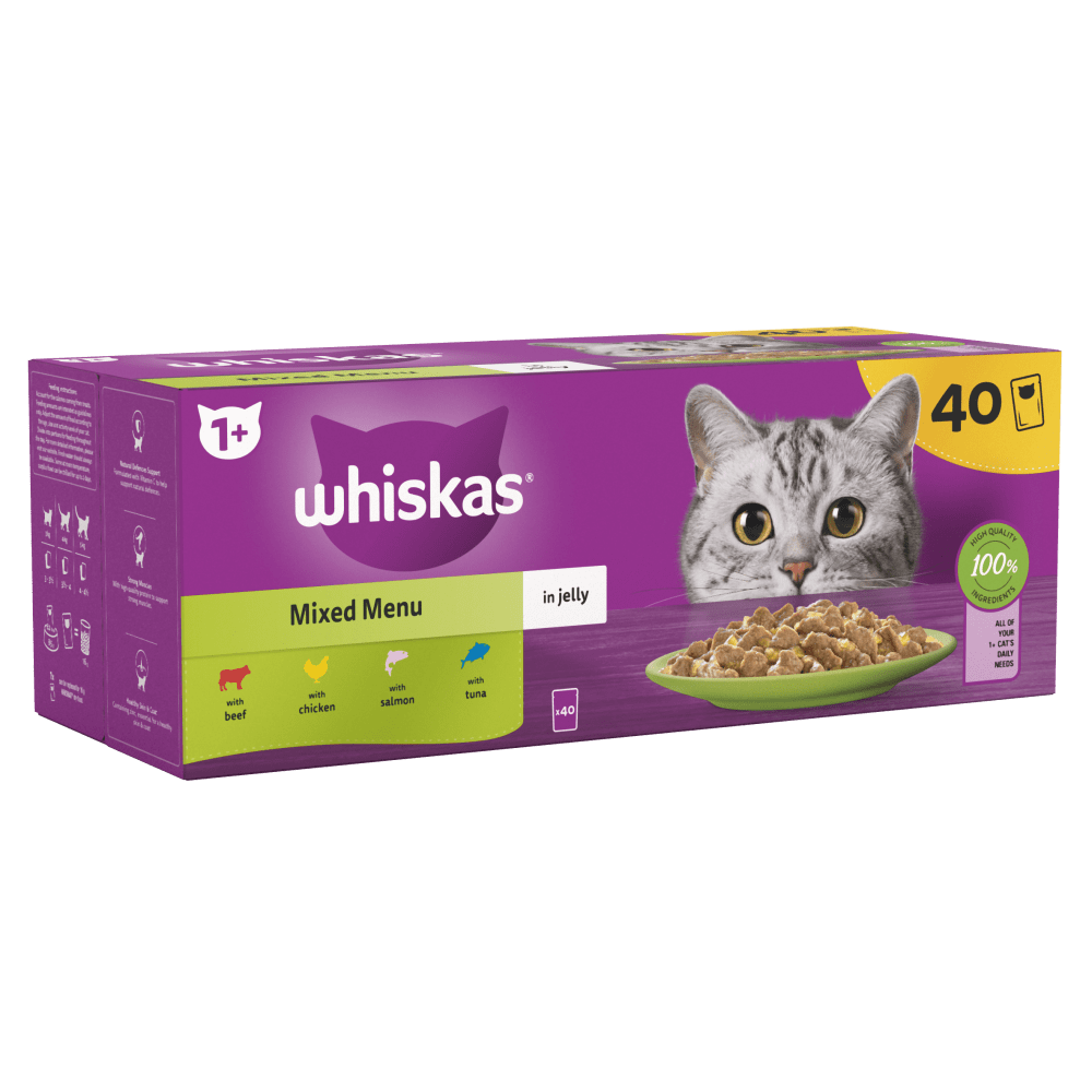 Whiskas 1+ Mixed Menu Adult Wet Cat Food Pouches in Jelly, Whiskas, 40 x 85g