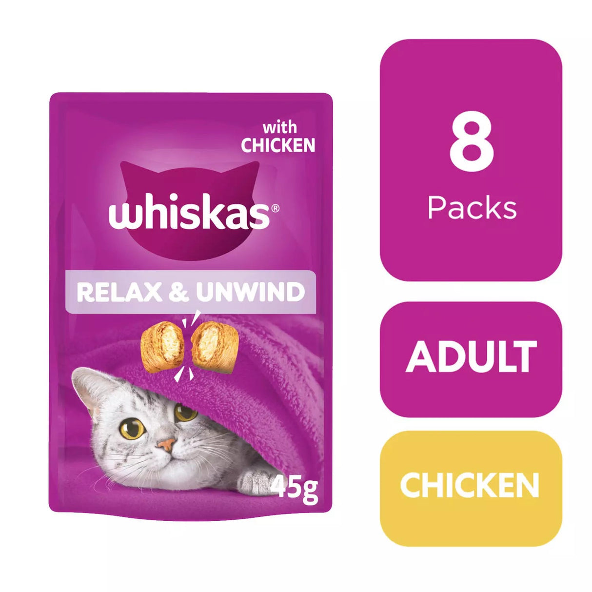 Whiskas Relax & Unwind Adult Cat Treats with Chicken - 8 x 45g, Whiskas,