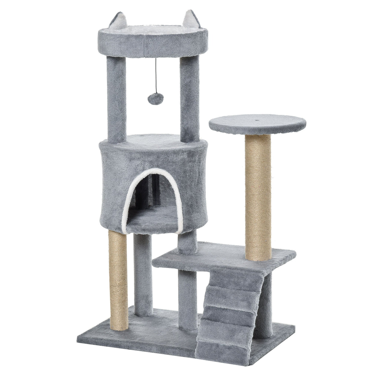100 cm Cat Tree, Cat Condo Tree Tower for Indoor Cats, Cat Activity Centre with Scratching Posts, Plush Perch, Ladder, Hanging Ball - Light Grey, PawHut,