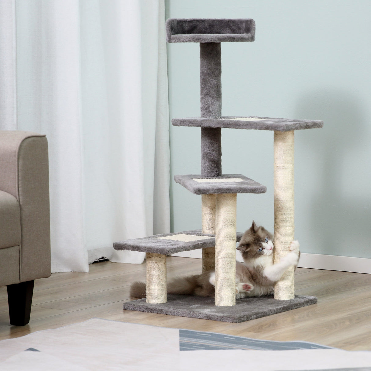 100 cm Cat Tree for Indoor Cats Kitten Scratch Scratching Post Climbing Tower Activity Centre Grey, PawHut,