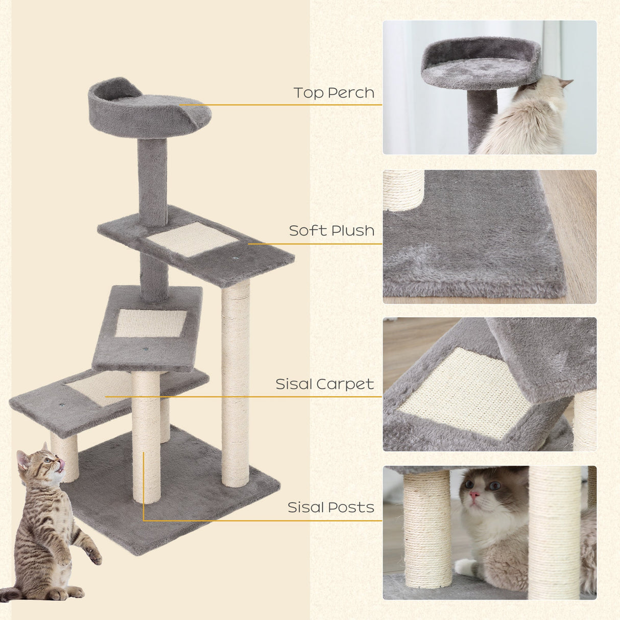 100 cm Cat Tree for Indoor Cats Kitten Scratch Scratching Post Climbing Tower Activity Centre Grey, PawHut,