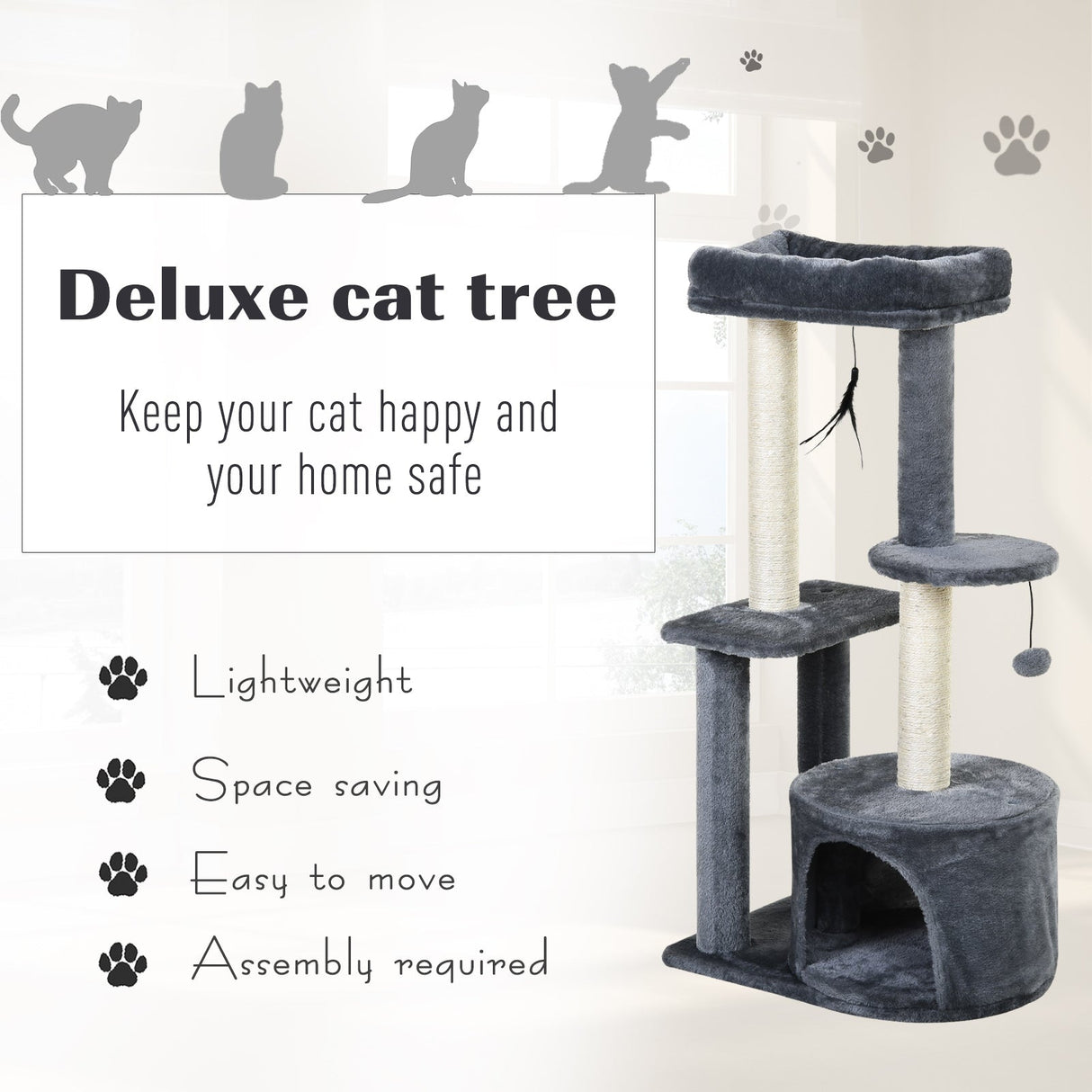 100cm Cat Tree for Indoor Cats, Cat Tower Condo for Kittens with Cat House Sisal Scratching Posts, Hanging Ball Toys, Perches - Grey, PawHut,