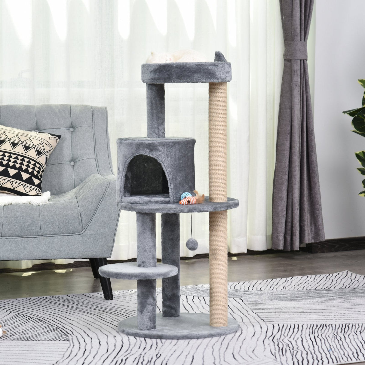 104cm Cat Tree Tower with Condo, Perch & Scratch Posts, PawHut, Grey