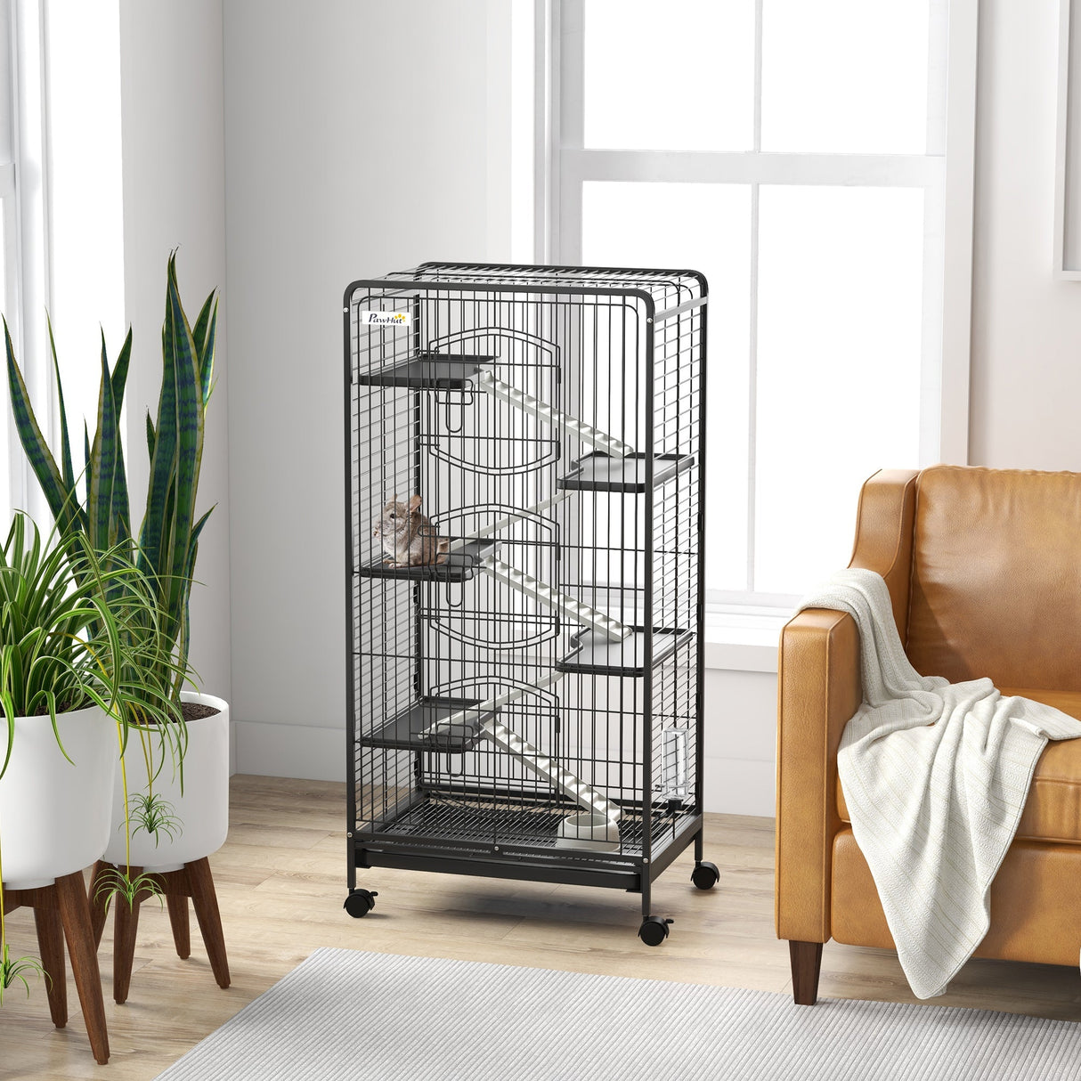 131cm 6-Level Black Small Animal Cage with Wheels, PawHut,