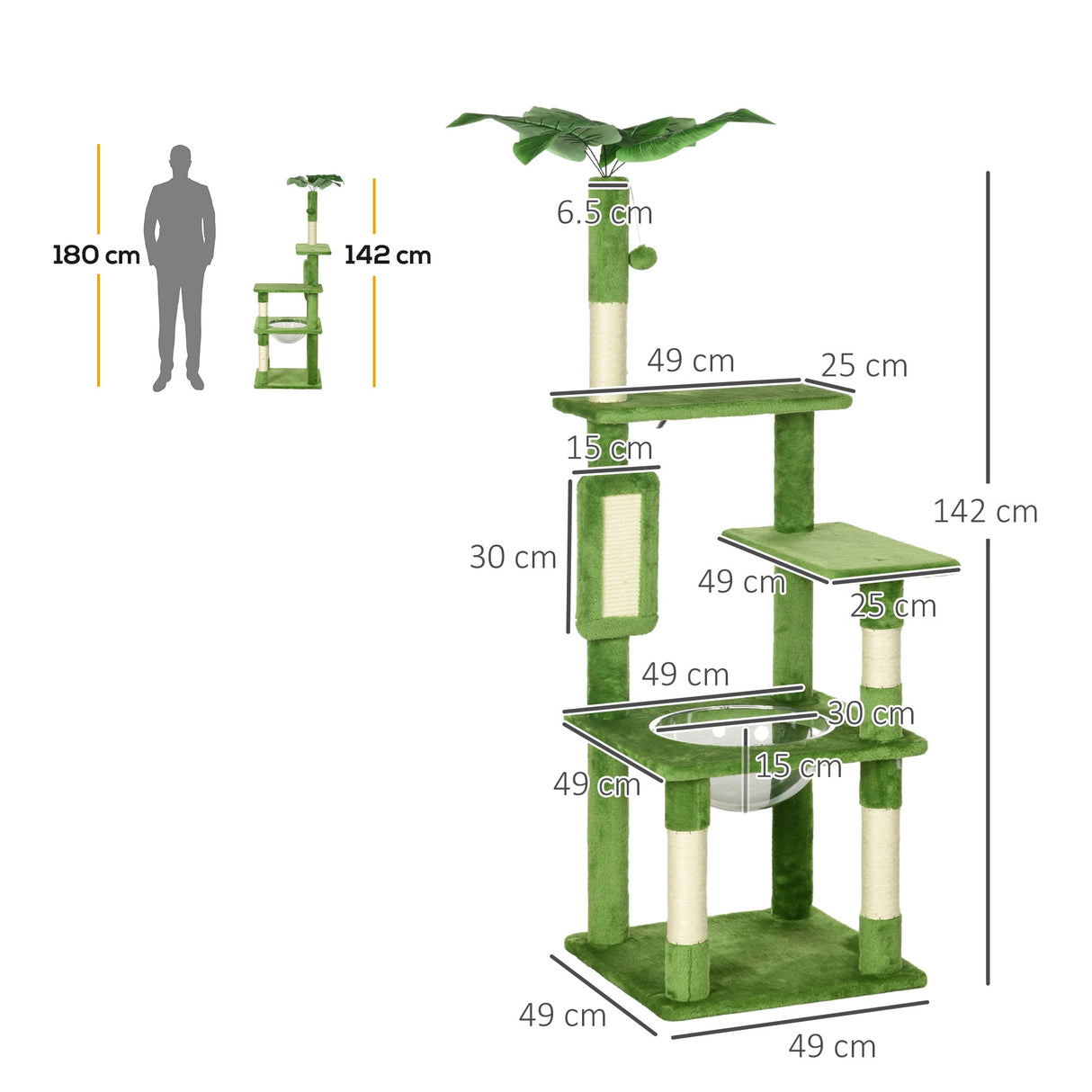 142cm Cat Tree Tower, with Scratching Post, Hammock, Toy Ball, Platforms - Green, PawHut,