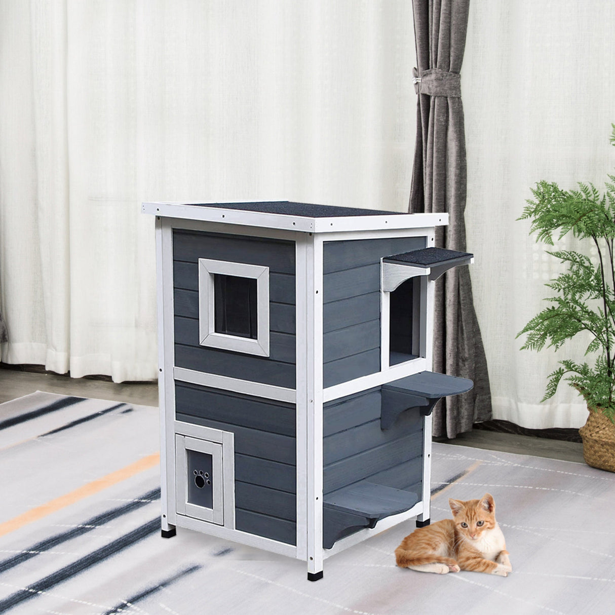 2-Floor Wooden Cat House: Stylish Outdoor Kitten Shelter, PawHut,