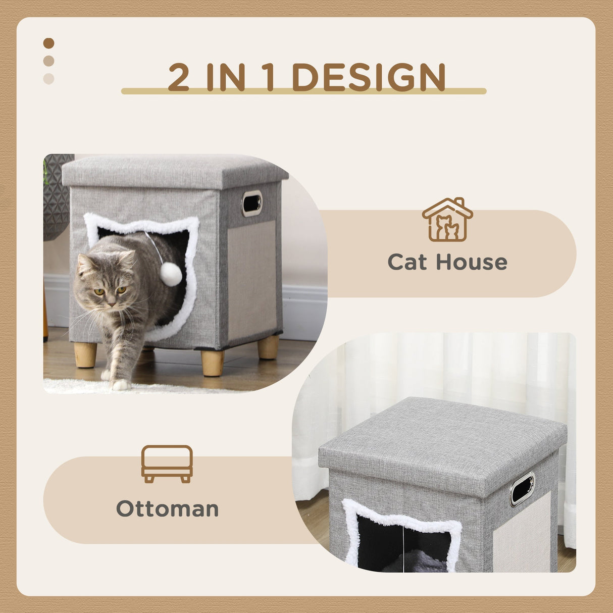2 in 1 Cat Bed Ottoman, Sleeping Cave w/ Removable Cushion, Scratching Pad, Handles, Anti-Slip Foot Pad, Toy Ball, Entrance - Grey, PawHut,