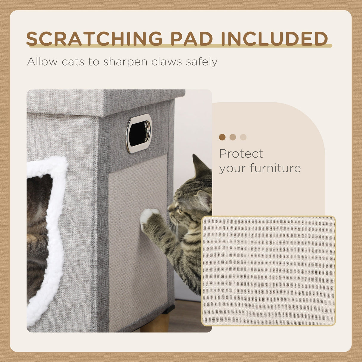 2 in 1 Cat Bed Ottoman, Sleeping Cave w/ Removable Cushion, Scratching Pad, Handles, Anti-Slip Foot Pad, Toy Ball, Entrance - Grey, PawHut,