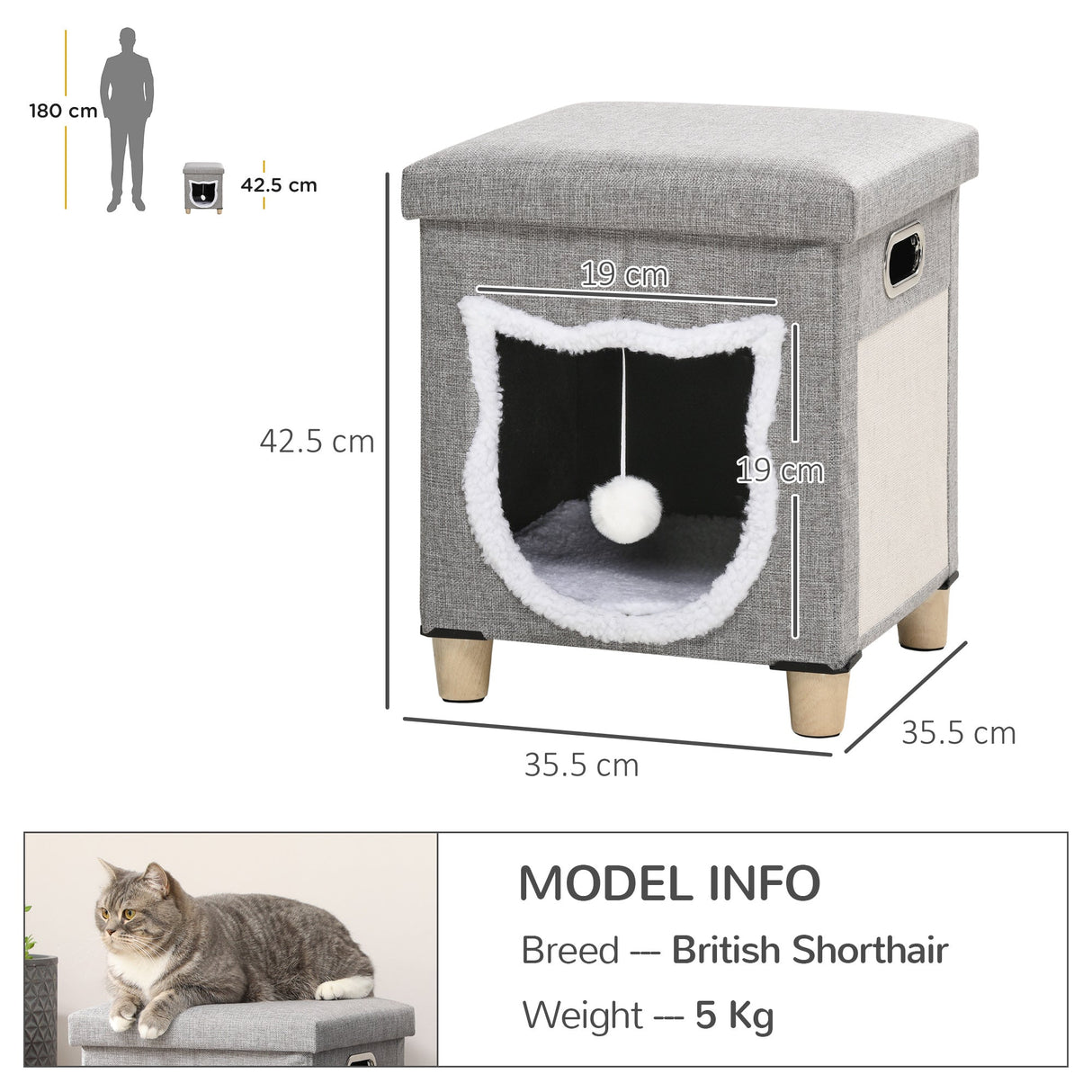 2 in 1 Cat Bed Ottoman, Sleeping Cave w/ Removable Cushion, Scratching Pad, Handles, Anti-Slip Foot Pad, Toy Ball, Entrance - Grey, PawHut,