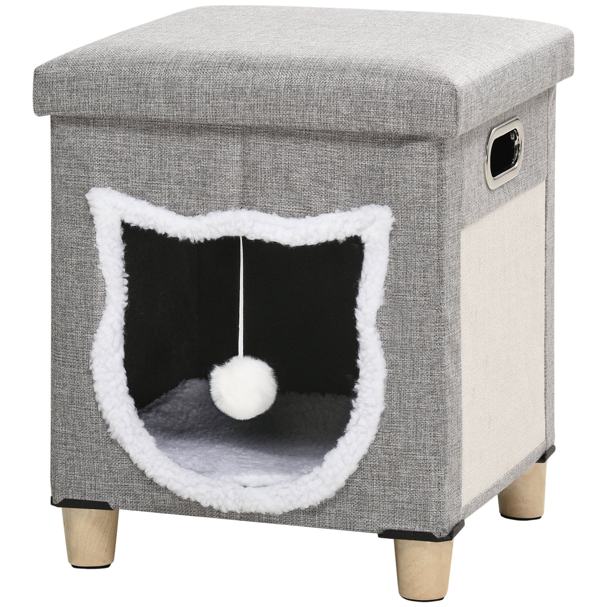 2 in 1 Cat Bed Ottoman, Sleeping Cave w/ Removable Cushion, Scratching Pad, Handles, Anti-Slip Foot Pad, Toy Ball, Entrance - Grey, PawHut,