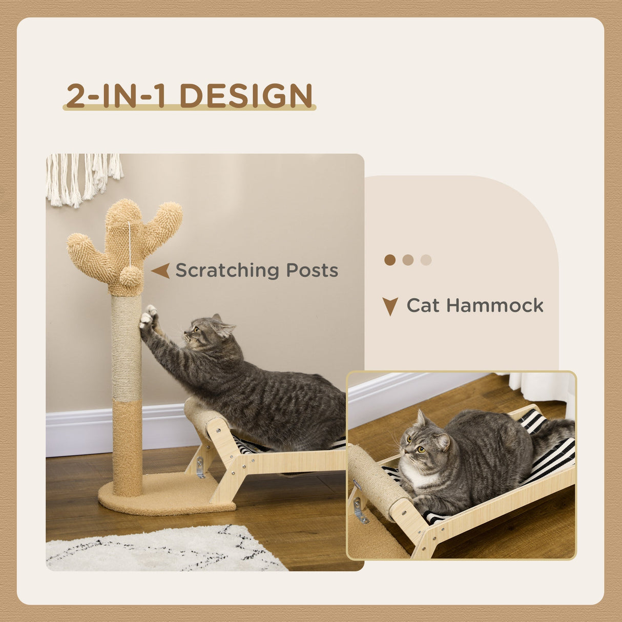 2 in 1 Cat Scratching Post with Bed, Cat Condo, Tree Tower with Cactus Post, Hammock Bed for Indoor Cats and Kittens - Brown, PawHut,