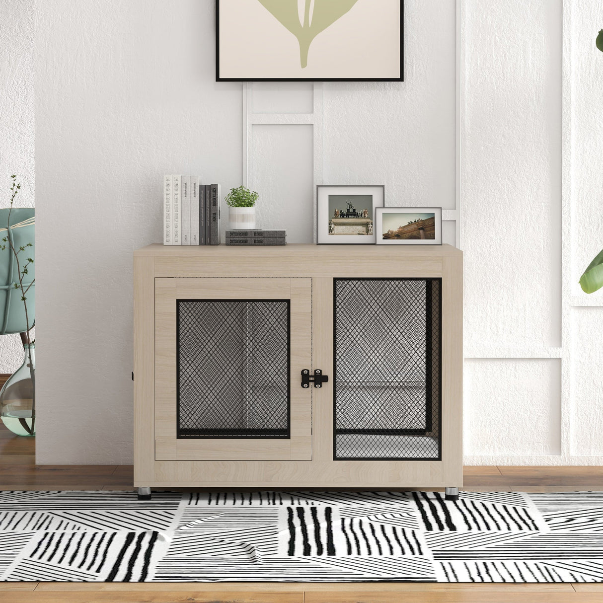 2-in-1 Dog Cage & Side Table, with Two Doors, Cushion, for Large Dogs, PawHut, Oak Tone