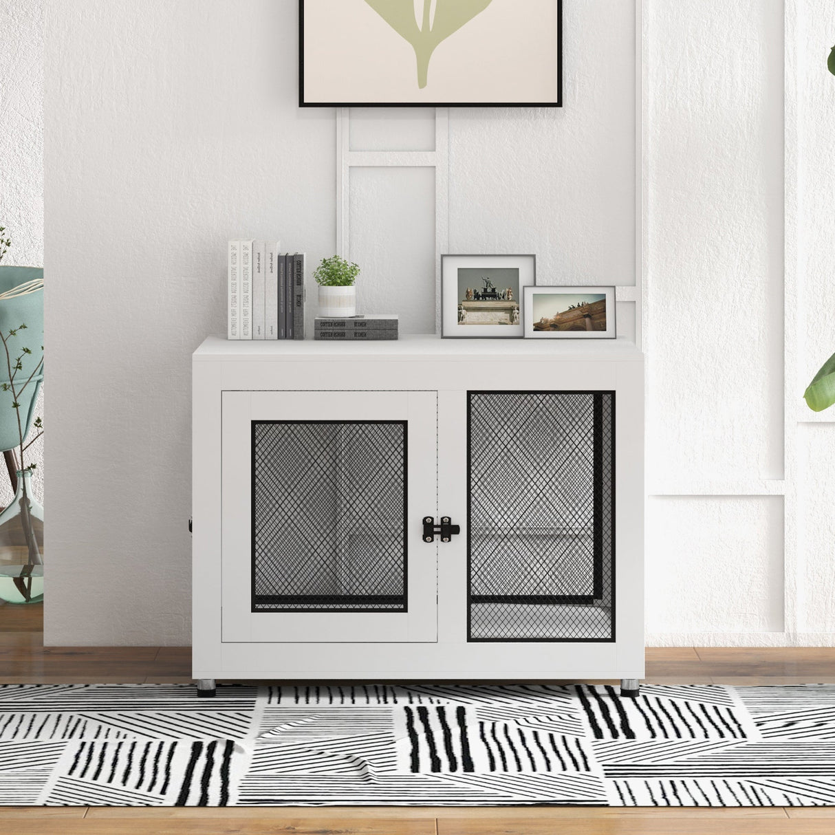 2-in-1 Dog Cage & Side Table, with Two Doors, Cushion, for Large Dogs, PawHut, White