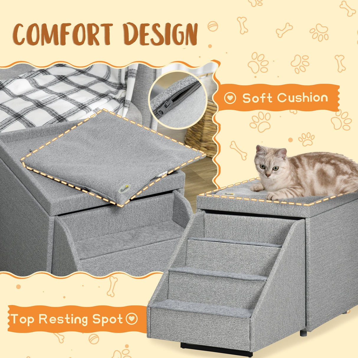 2 in 1 Dog Steps Ottoman, 4-Tier Pet Stairs for Small Medium Dogs and Cats, with Storage Compartment, PawHut,